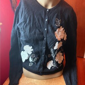 Vintage Floral Embroidered Black Lamb’s Wool Cardigan Sweater